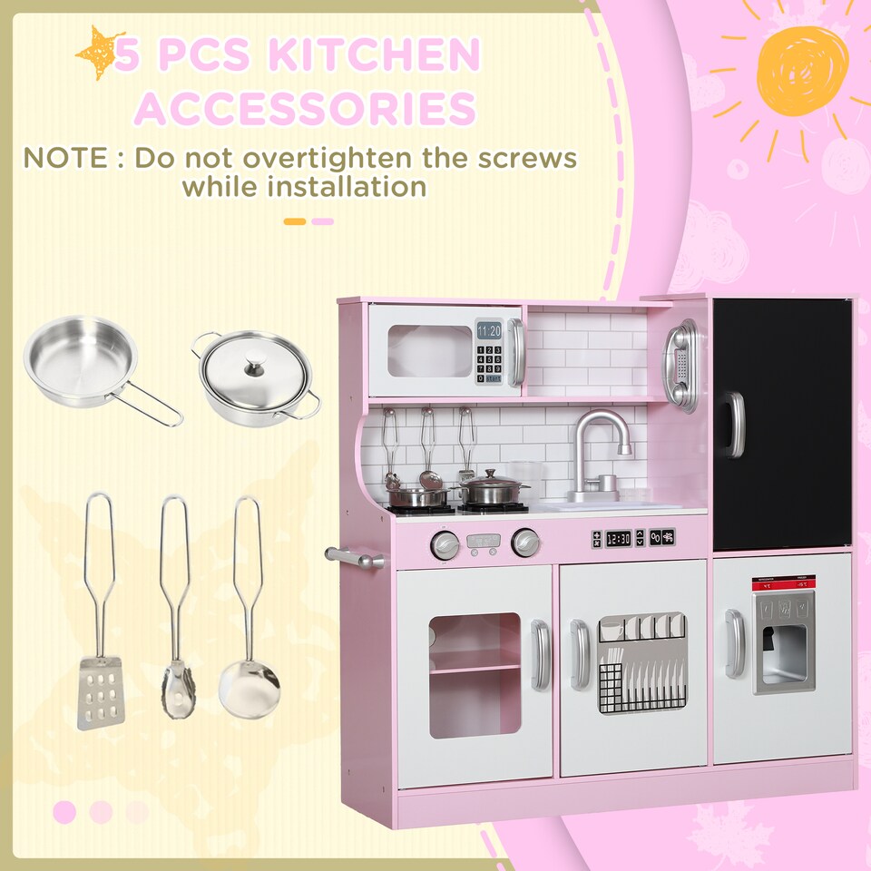 image 1 of AIYAPLAY Play Kitchen, Kids Kitchen Playset Toy with Chalkboard, Toy Phone, Microwave, Ice Maker, Cooking Stoves, Sink, for Boys Girls Ages 3-8 Years, Pink | Pink | Pink