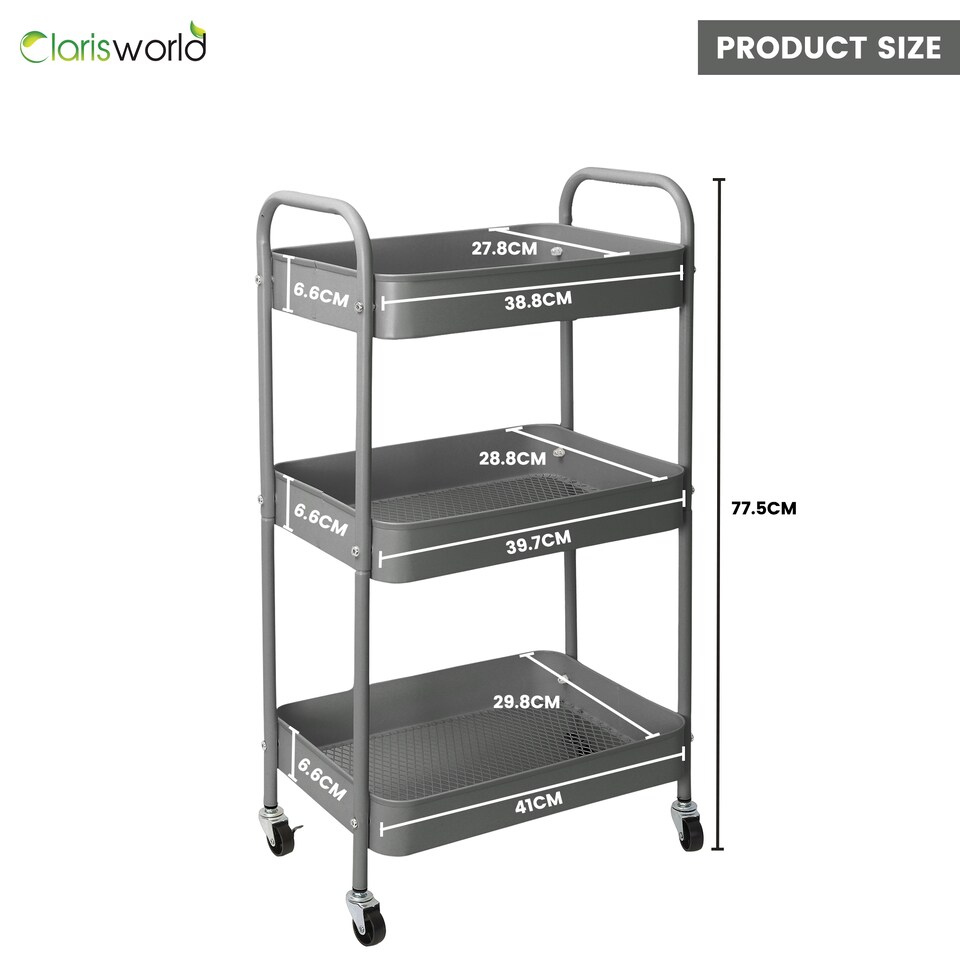 image 1 of Clarisworld 3 Tier Rolling Utility Cart, Metal Storage Trolley with Lockable Wheels & Handles, Mobile Storage Cart Organiser, Storage Rack for Kitchen, Bathroom, Bedroom, Office & Laundry Room