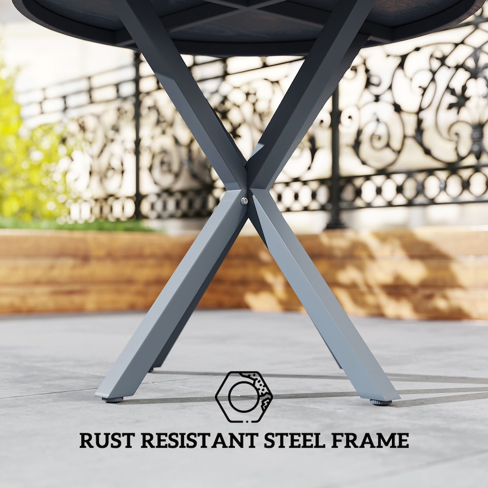 image 1 of Outsunny Garden Table, 85cm Round Outdoor Dining Table with Steel Frame, Wood Effect Top, for Balcony, Deck, Dark Grey | Grey