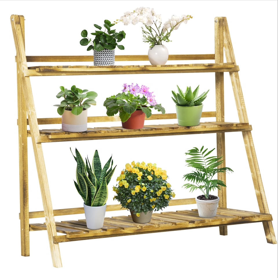 image 1 of Outsunny Flower Stand Plant Display Rack 3-Tier Foldable Wood Garden Patio