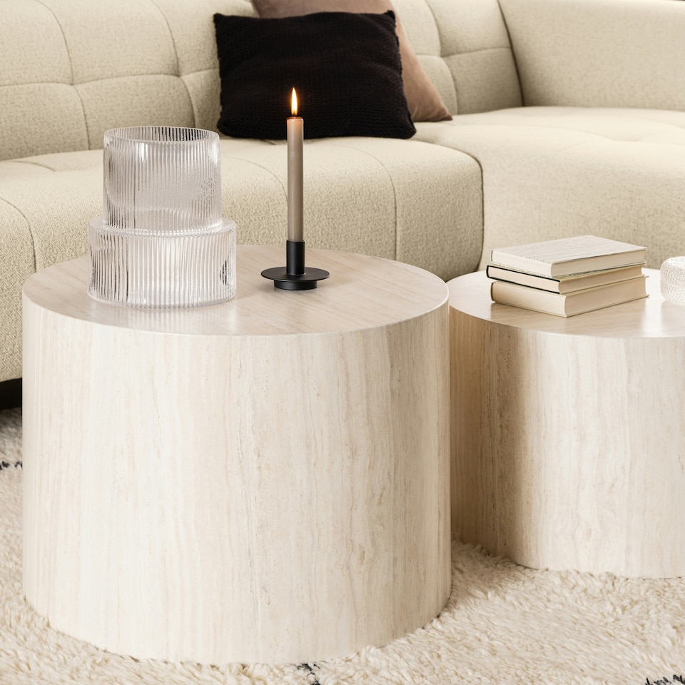 image 1 of Dice Round Coffee Table Set in Light Travertine Effect