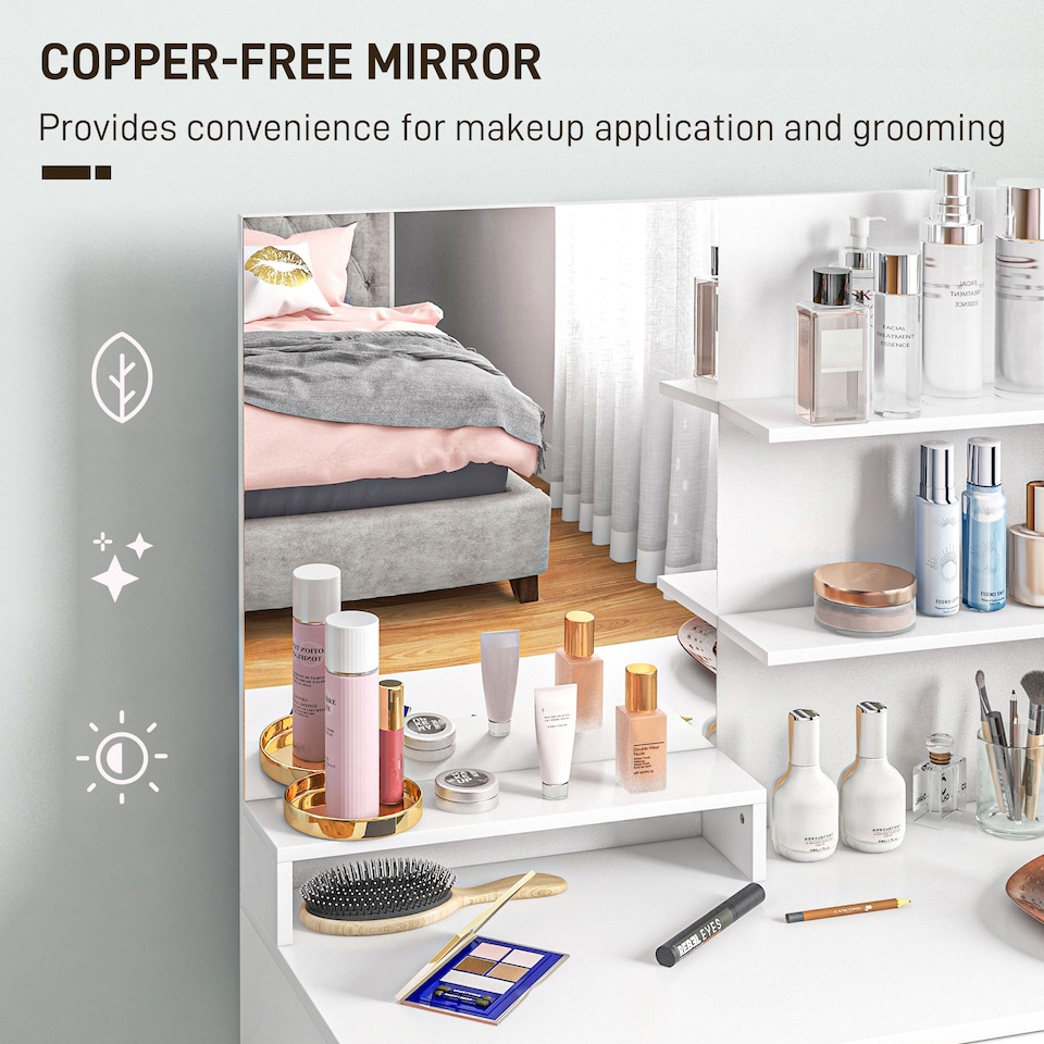 image 1 of HOMCOM Dressing Table with Mirror and Stool, Vanity Table, Modern Makeup Desk with Drawer, Storage Cabinet and Adjustable Shelf for Bedroom, White