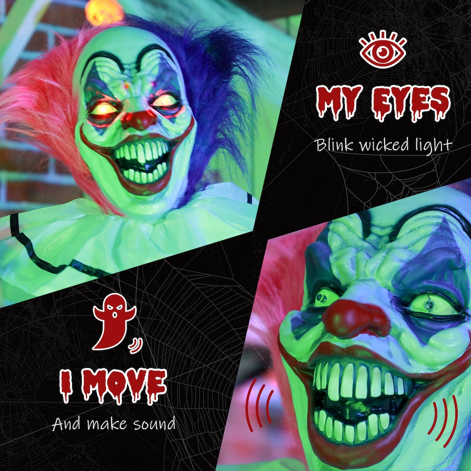 image 1 of HOMCOM 173cm 68 Laughing Clown Outdoor Halloween Decoration, Animated Halloween Prop with Light Up Eyes, Sound Effects, Sound Activated for Haunted House