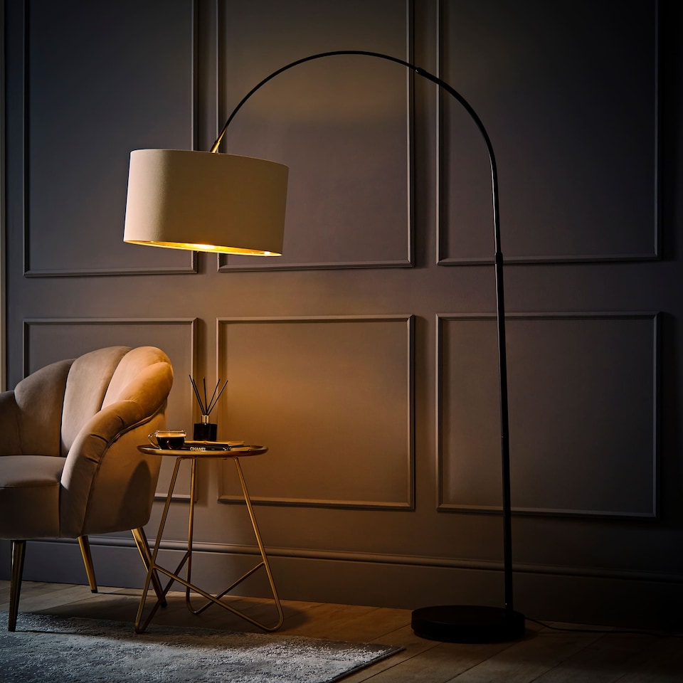 image 1 of ValueLights Louis Beige with Metallic Gold Inner Shade Black Arched Stem Curved Floor Lamp | Cream
