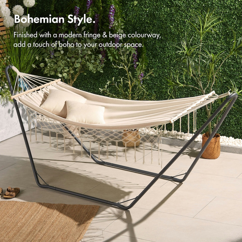 image 1 of VonHaus Beige Boho Fringe Hammock with Frame for Garden