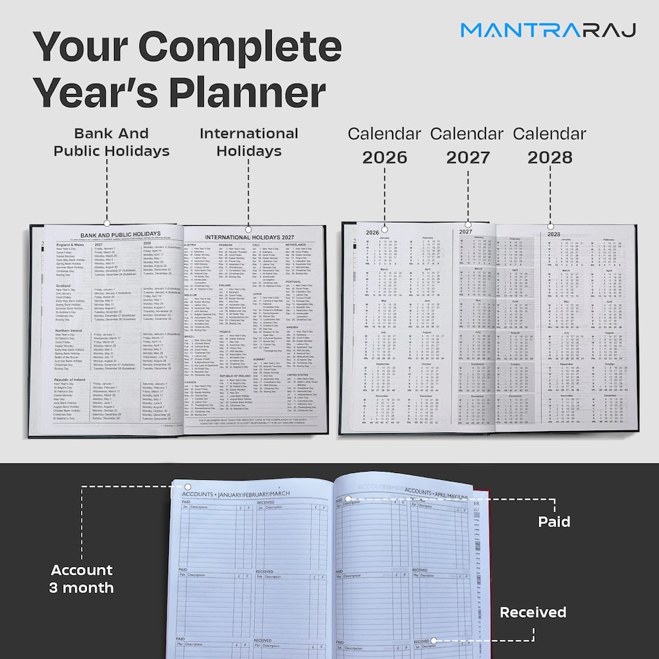 image 1 of MantraRaj 2027 Diary A5 Day a Page Hardback Casebound Cover Desk Diary Organiser Planner Black