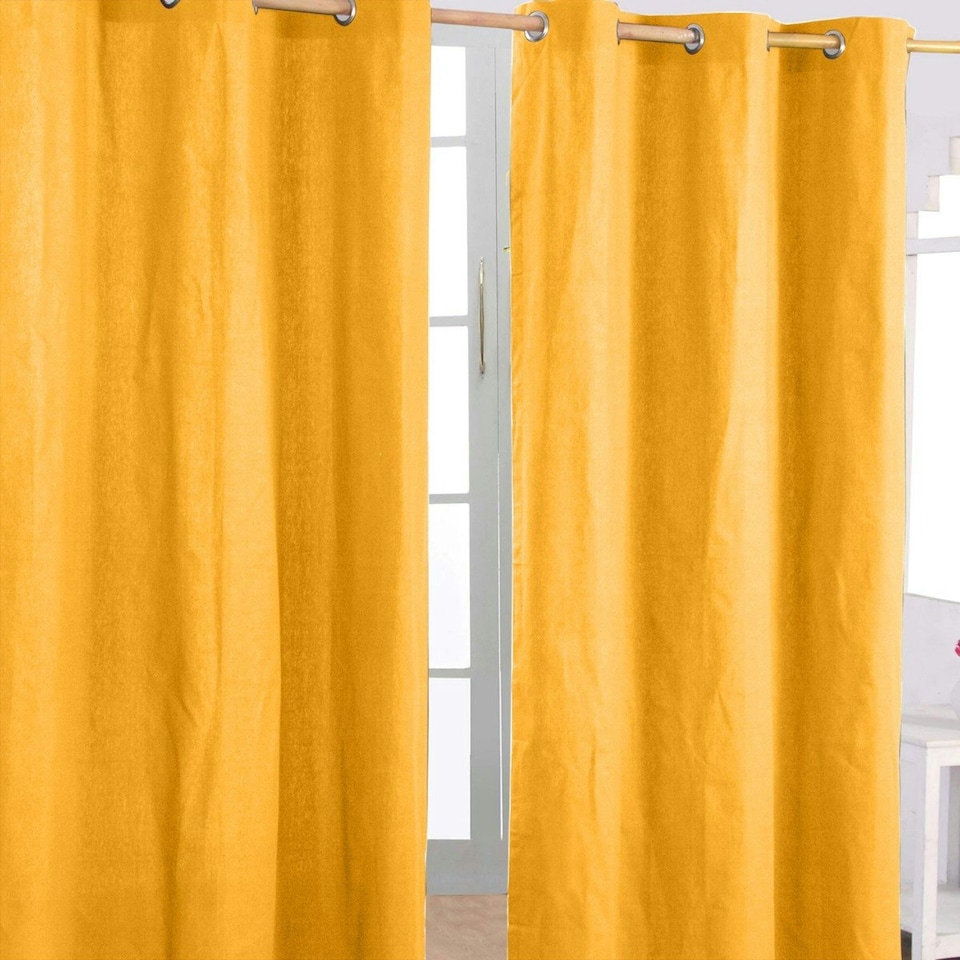 image 1 of Homescapes Cotton Plain Mustard Yellow Ready Made Eyelet Curtain Pair - 137 x 182 cm Yellow