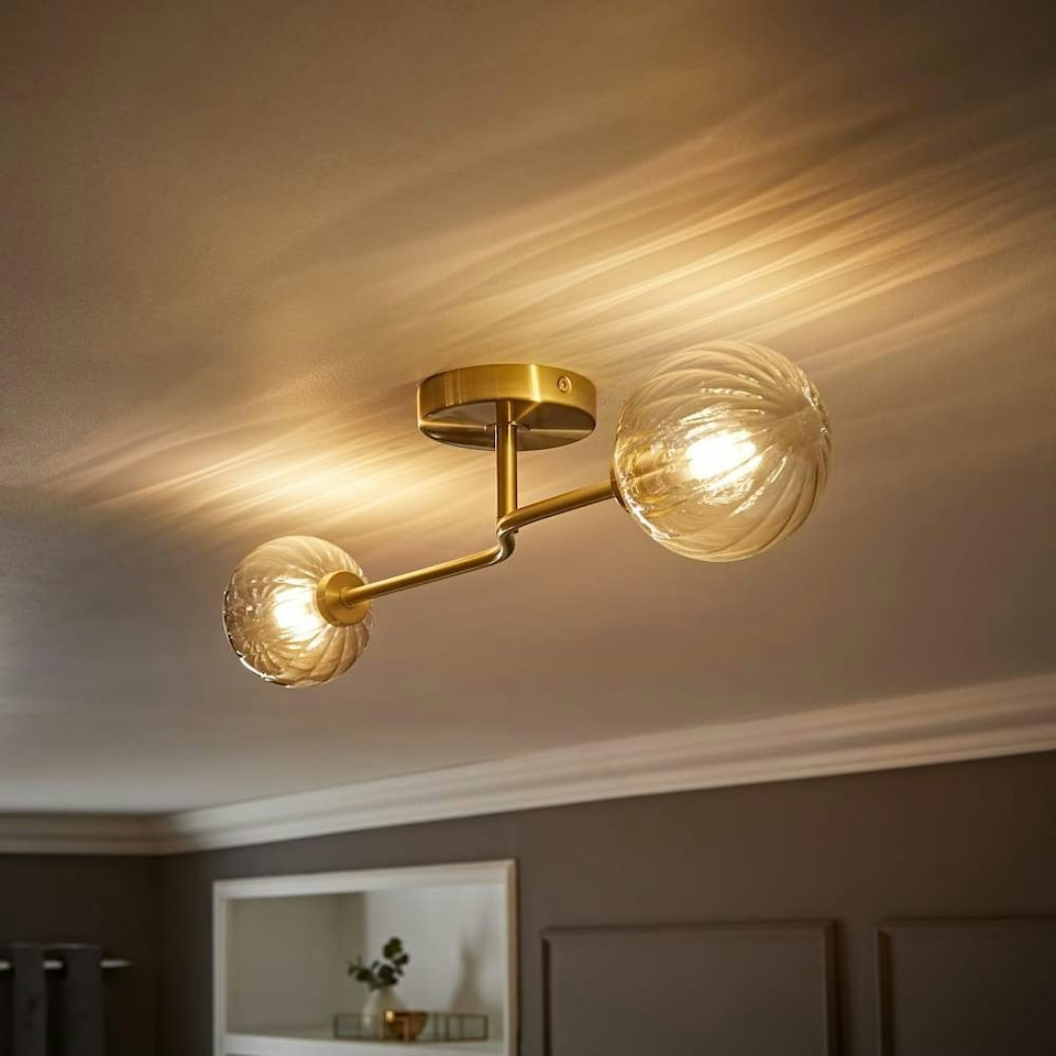 image 1 of ValueLights Chessy Asymmetric Ribbed Glass Globe Gold Bar Ceiling Light with LED Bulbs