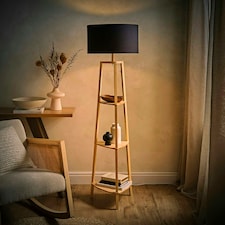 ValueLights Hiru Wooden 3 Tier Shelf Floor Lamp Black Shade & Bulb Black