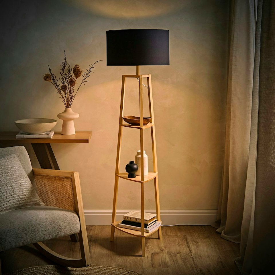 image 1 of ValueLights Hiru Wooden 3 Tier Shelf Floor Lamp Black Shade & Bulb Black