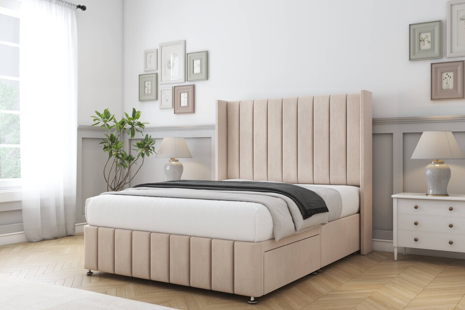 image 1 of Sloomy Melbourne Sand Naples Divan Bed Base No Drawers With 54 Inch Wingback Headboard & 12 Inch Matching Footboard | Cream | Sand | Super King | 1