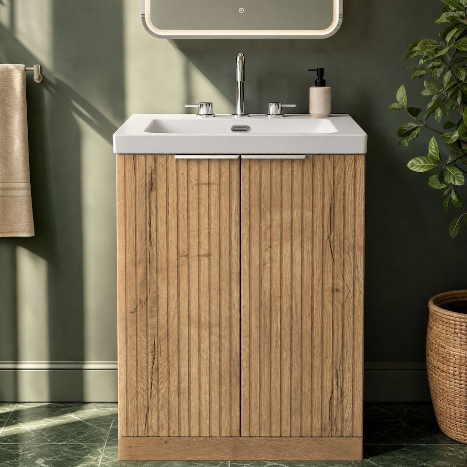 image 1 of Balterley Callingwood Contemporary Floor Standing 2 Door Vanity Unit with 3 Tap Hole Fireclay Basin , 600mm, Autumn Oak