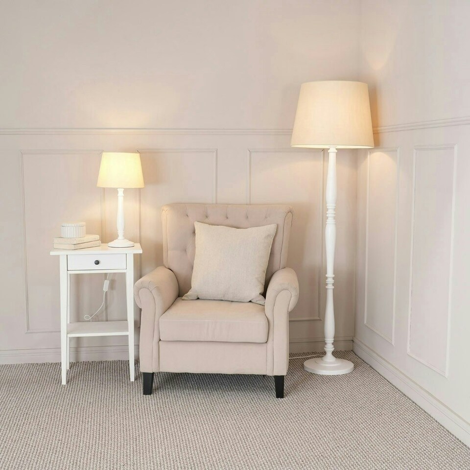 image 1 of ValueLights Victoria White Wood Traditional Stem Table Lamp with Beige Fabric Tapered Shade and LED Bulb Cream