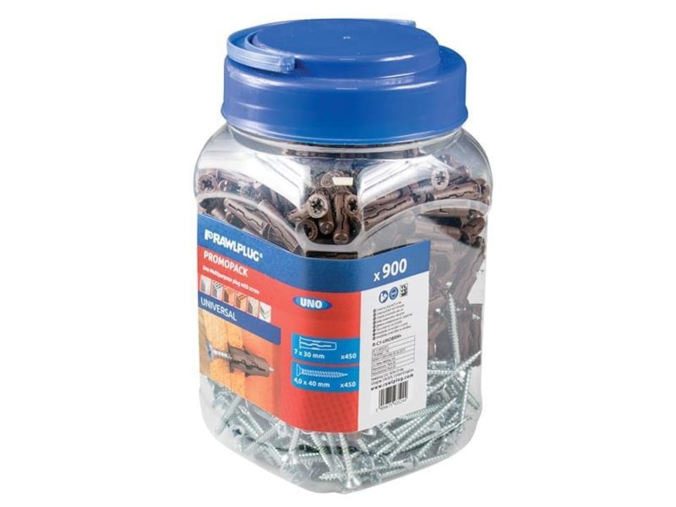 Rawlplug Brown Uno Plugs & Screws In Jar (450 Plugs + 450 Screws)