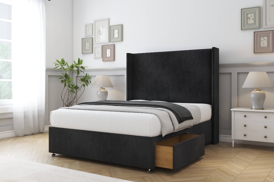 image 1 of Sloomy Devonshire Black Naples Divan Bed Base 2 Drawers Foot-End With 54 Inch Wingback Headboard | Black | Black | Super King | 1