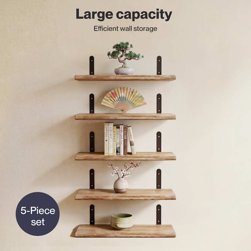 image 1 of Levede Floating Shelves Wood Wall Mounted Shelf Rustic Set of 5 Light Brown
