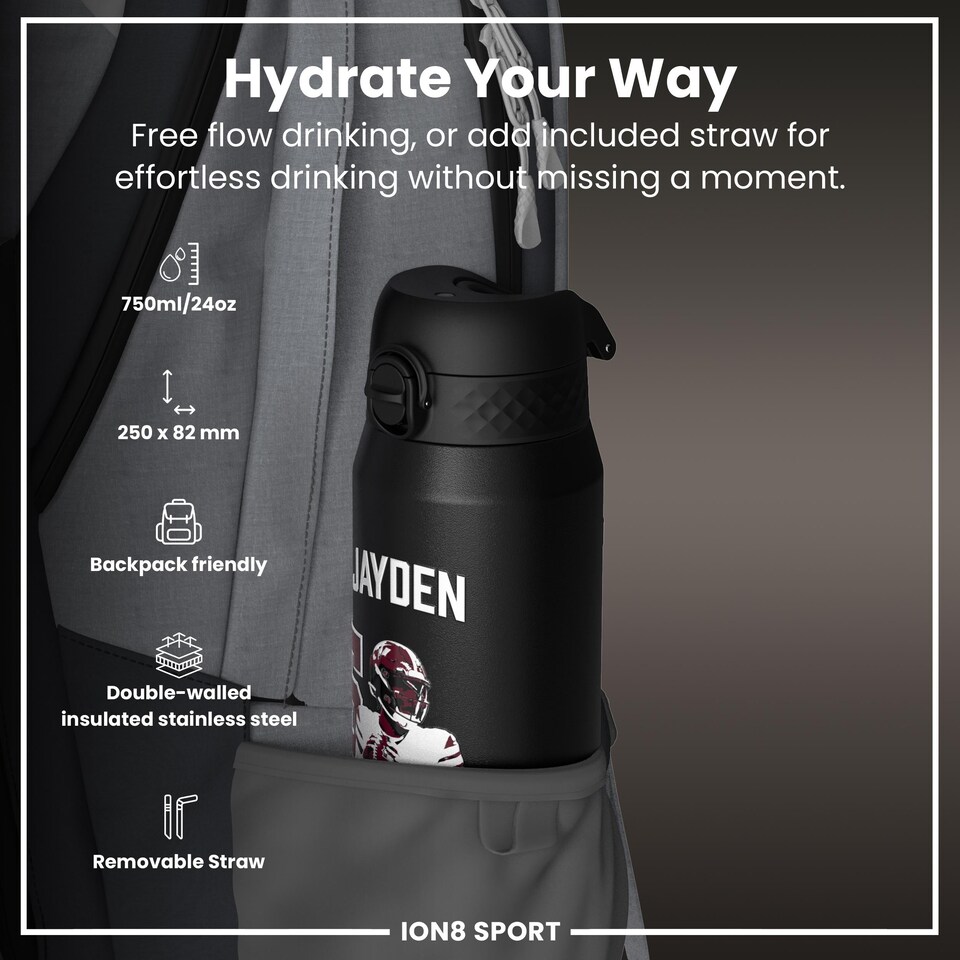 image 1 of NFL x Sports, Vacuum Insulated Steel Bottle, Series, 750ml (24oz) | Black | NFLPA Locked In Jayden Daniels | One Size