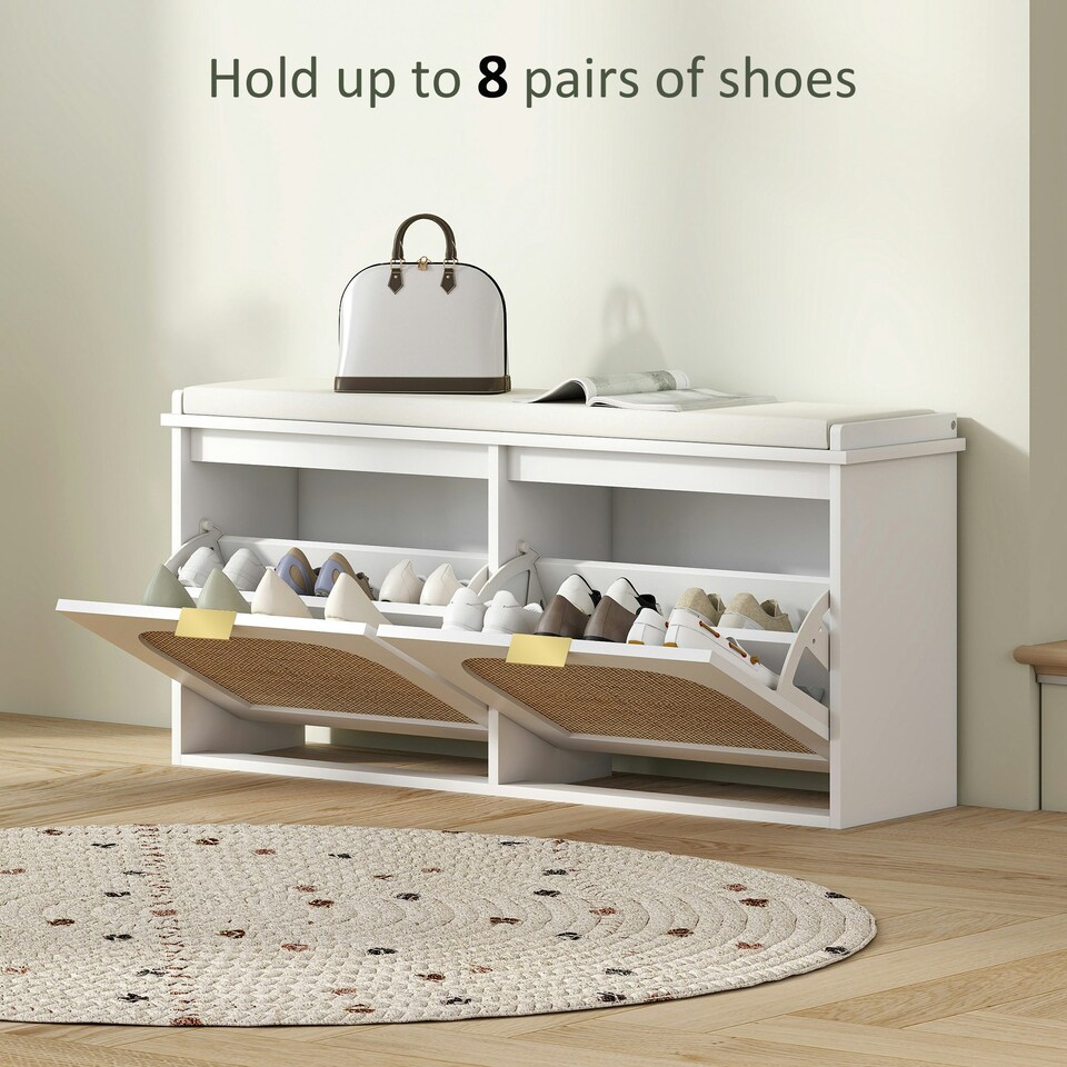 image 1 of HOMCOM Boho Shoe Bench with Padded Seat and 2 Flip-Drawers White