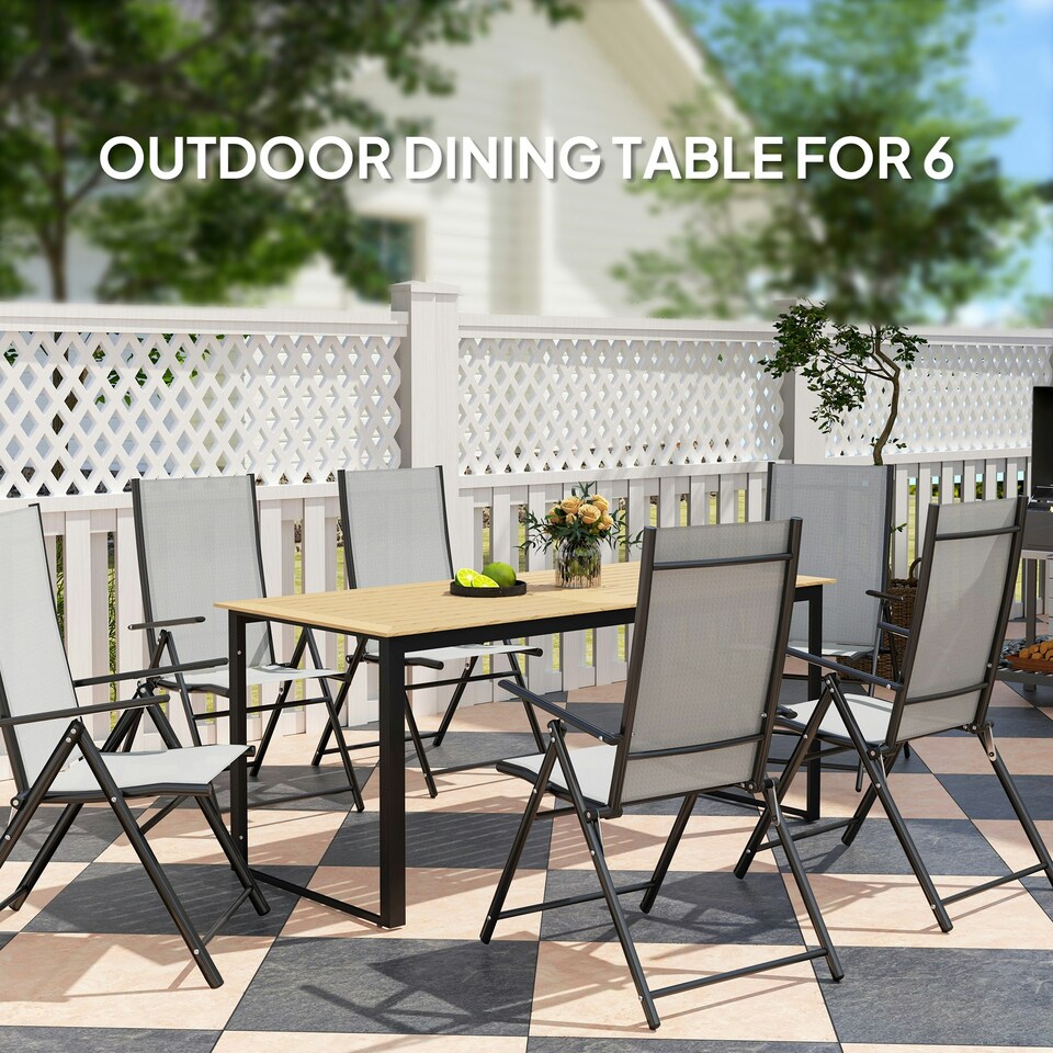 image 1 of Outsunny Garden Dining Table for 6 People with Slatted Table Top Metal Brown | Teak