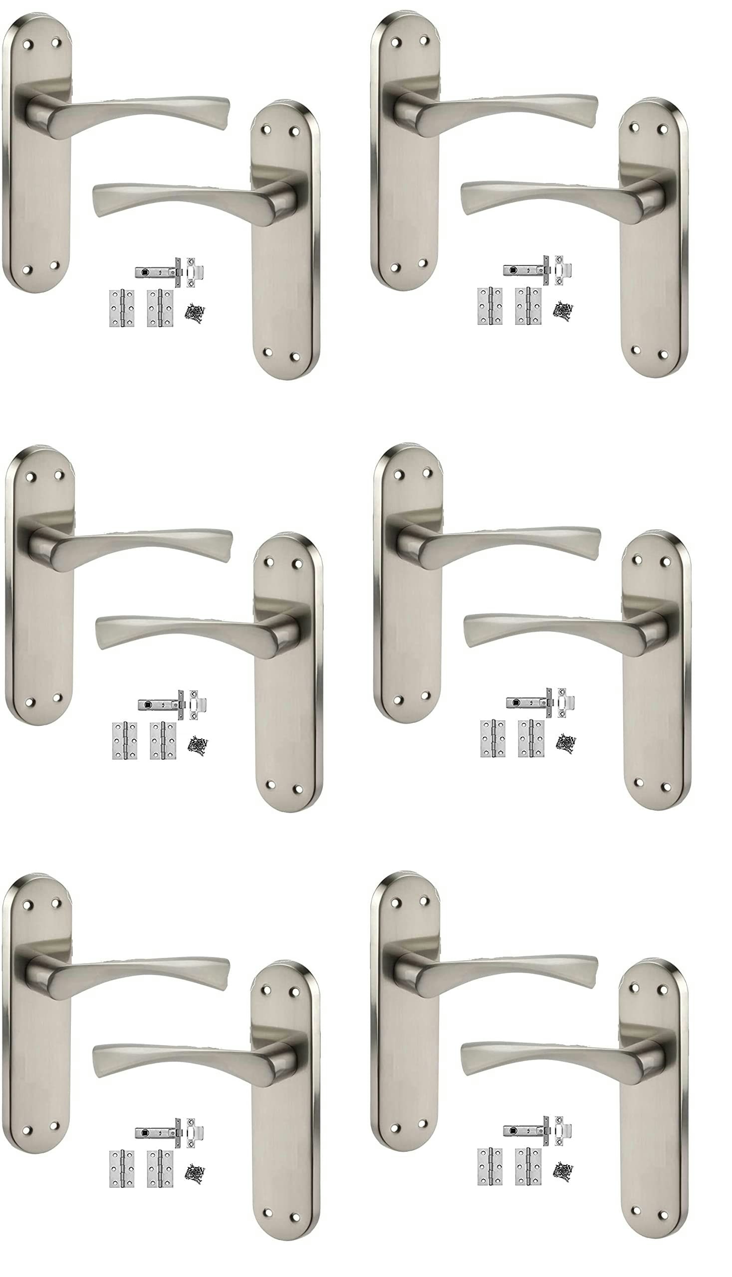 Golden Grace 6 Sets Twist Astrid Style Modern Door Handles Lever Latch on Backplate in Satin Stainless Steel Finish - 182mm x 45mm Backplate Grey 6 Se