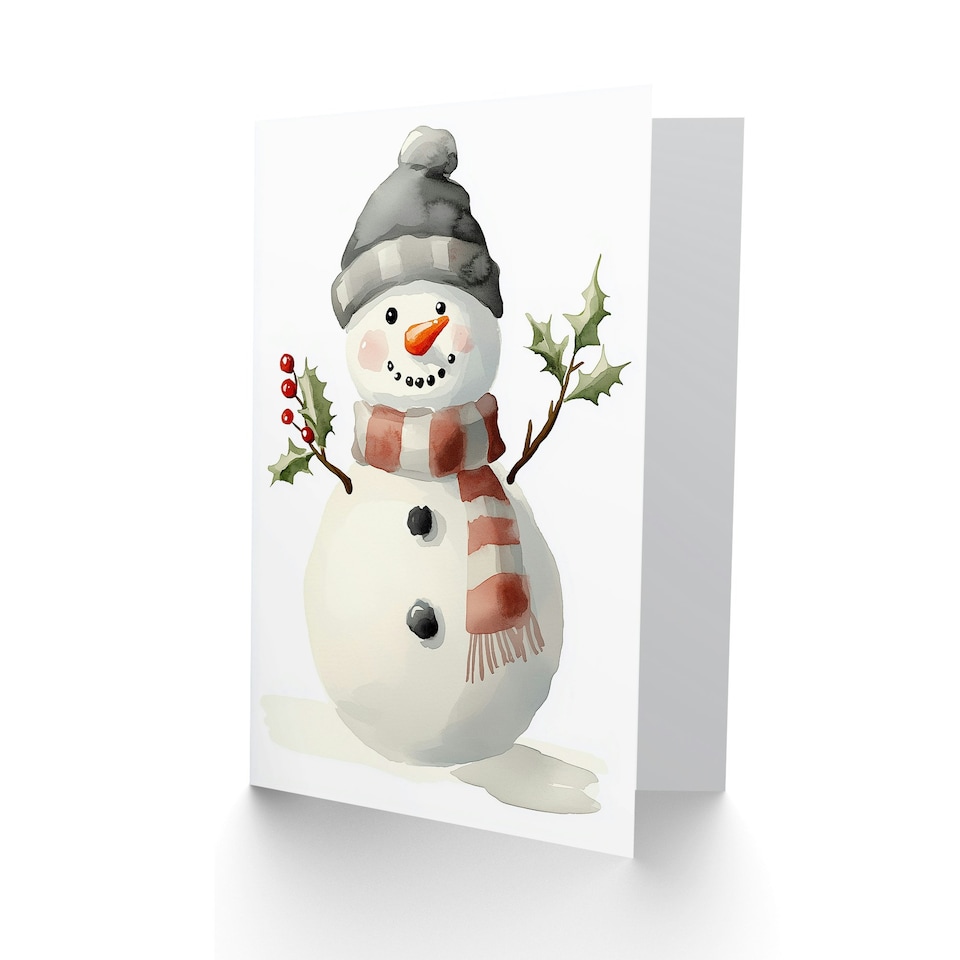 image 1 of Cute Snowman Holly Branch Arms Watercolour Blank For Him Or Her Art Christmas Card