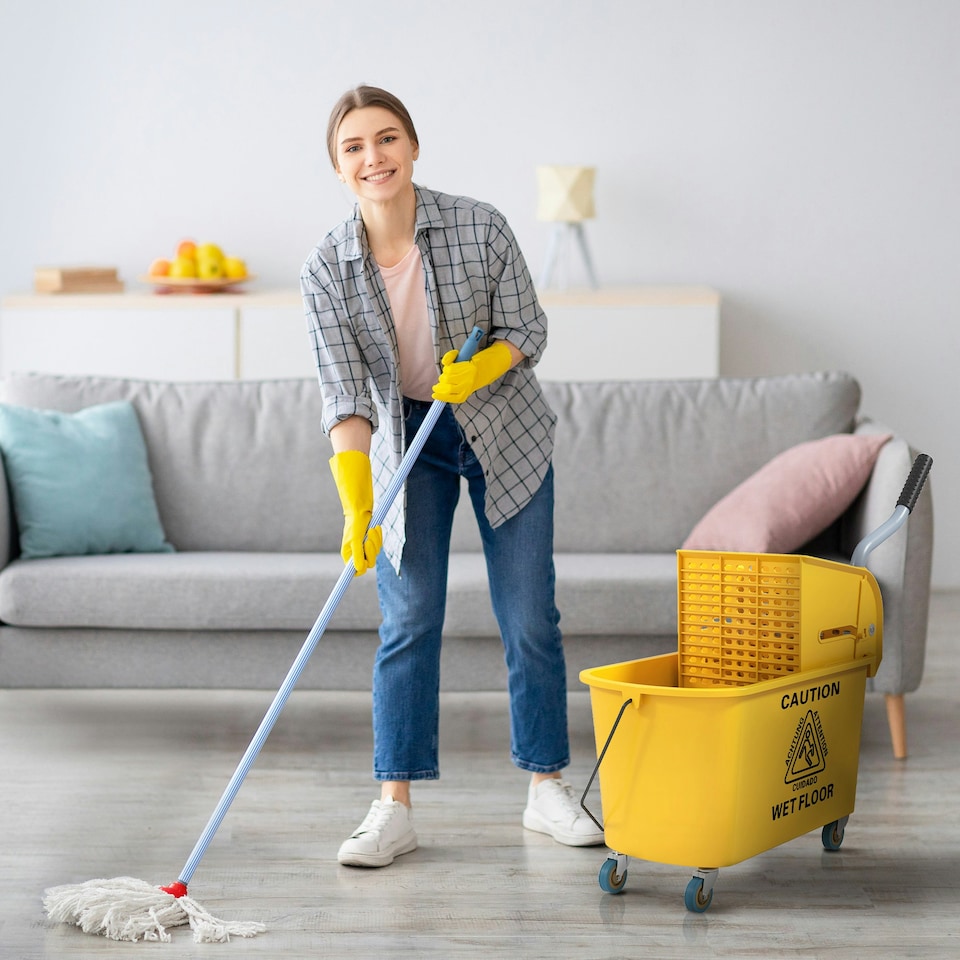 image 1 of HOMCOM Mop Bucket with Wringer on Wheels for Floor Cleaning 20 Litre Yellow