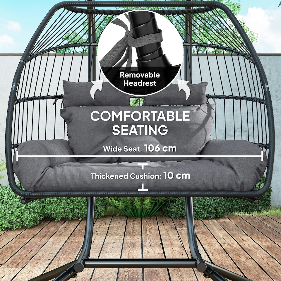 image 1 of Outsunny Rattan Double Hanging Egg Chair with Stand, Cushion, Dark Grey 