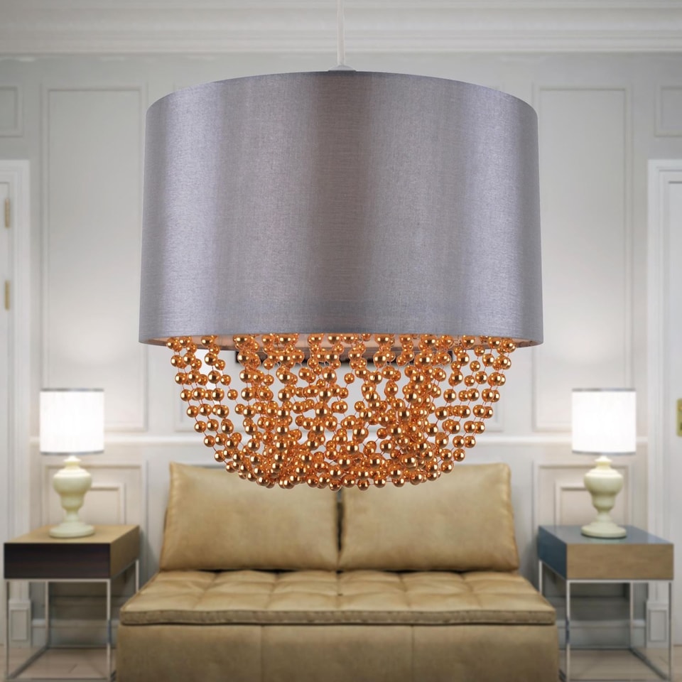 image 1 of Grey Faux Silk & Copper Jewelled Ceiling Light Shade | Grey | Copper | Medium | 1