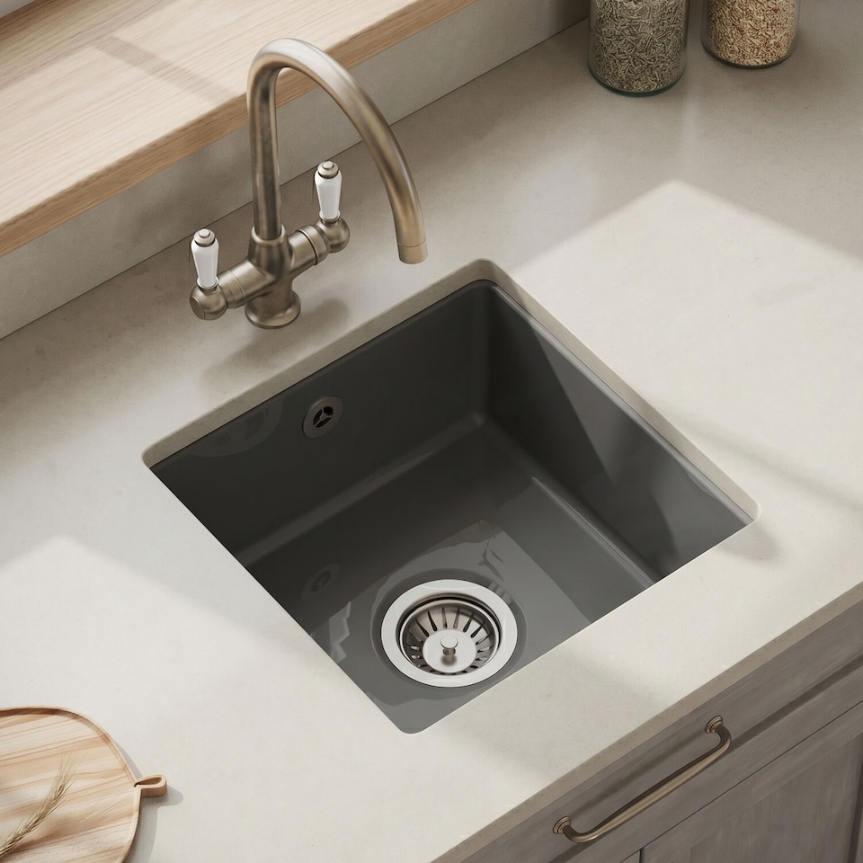 image 1 of Balterley Fireclay Single Bowl Square Undermount Kitchen Sink, Central Waste & Overflow | Grey | Soft Black | 1