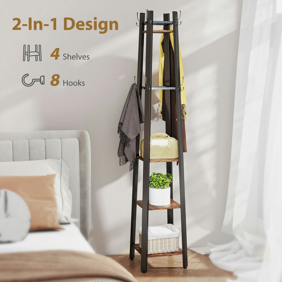 image 1 of HOMCOM Industrial Coat Stand with 4 Storage Shelves and 8 Hooks Rustic Brown | Brown | Black | One Size