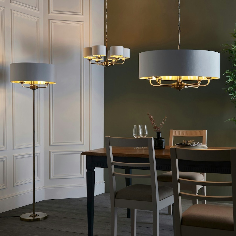 image 1 of Highclere Multi Arm Shade Pendant Ceiling Lamp, Antique Brass Plate, Vintage White Fabric