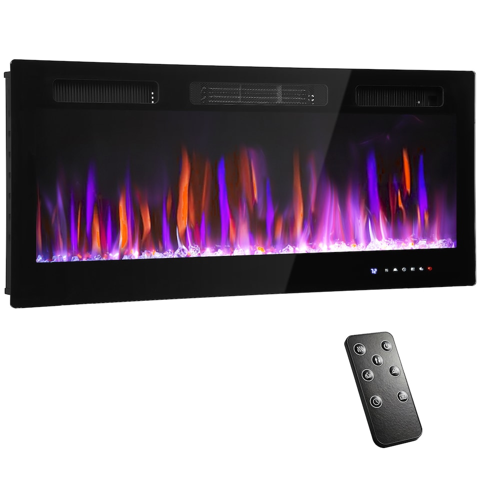 image 1 of HOMCOM 107cm/42" Electric Fireplace, Ultra-Slim Wall Mounted and Recessed Electric Fire Heater with Adjustable Flame and Thermostat, Eco Mode, Auto Switch, Weekly and 24H Timer, Remote, 900W/1800W