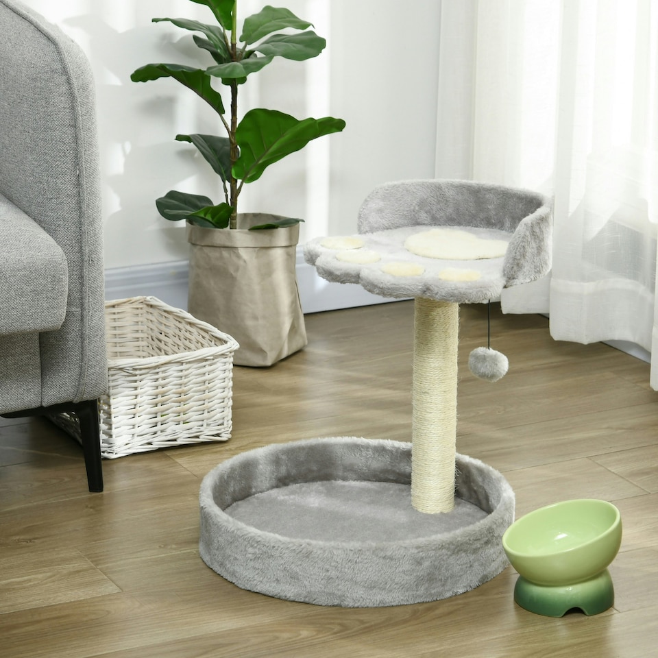 image 1 of PawHut 44cm Cat Tree Tower with Scratch Post, Platforms, Ball, Light Grey