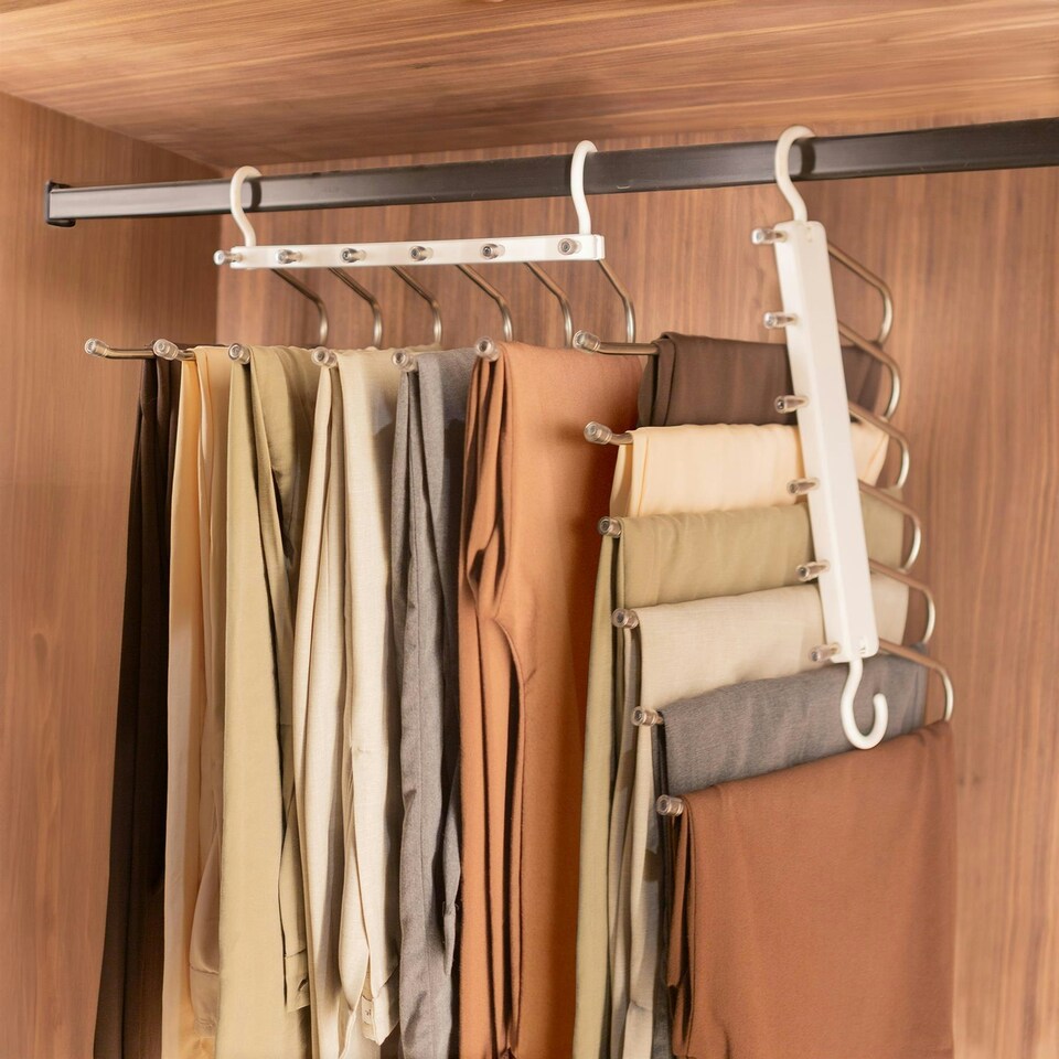 image 1 of Harbour Housewares Space-Saving Trouser Hanger - 6-in-1 - Pack of 10 - Skirt Hanger Dress Hanger Clothes Hanger Shorts Hanger Plastic Hanger