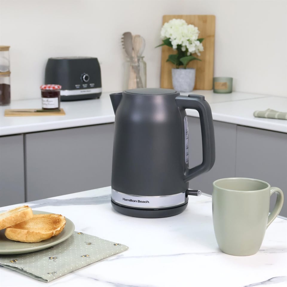 image 1 of Hamilton Beach Kettle and Toaster Set, Ella, 1.7L Kettle, 2 Slice Toaster, Boil Dry Protection, Removable Filter, 7 Browning Levels, Removable Crumb Tray, Charcoal - HBELLAMCH