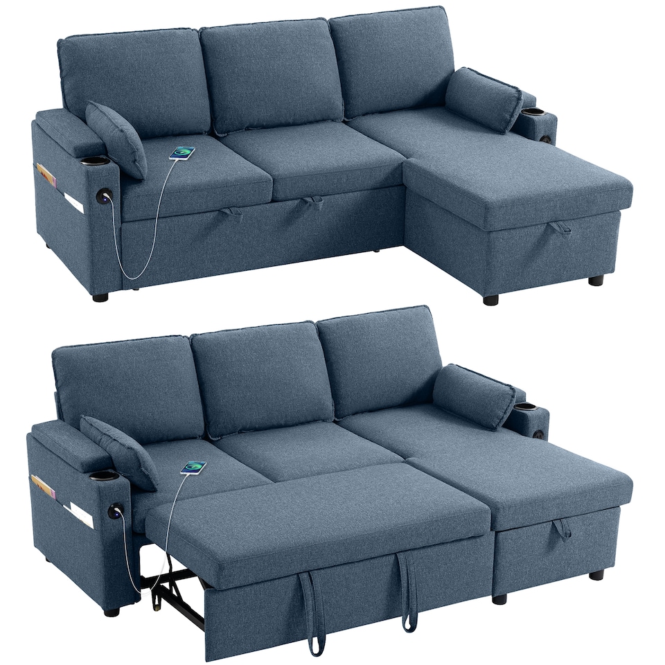 image 1 of HOMCOM Corner Sofa Bed, L Shaped Sofa with Storage Chaise, USB Ports | Blue | Blue | 205W x 136.5D x 85H cm