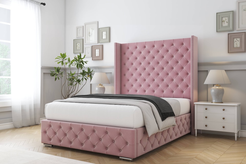 image 1 of Sloomy Arundel Pink Plush Bed Frame With 50"  Upholstered Wingback Headboard 5' King