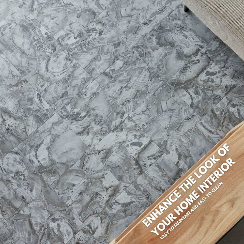 image 1 of NOVECRAFTO Vinyl Floor Tiles Self Adhesive – 12x12in Peel and Stick Flooring for Kitchen, Bathroom & Living Room – Charcoal Marble Flow Design | Grey | 4.65 sqm