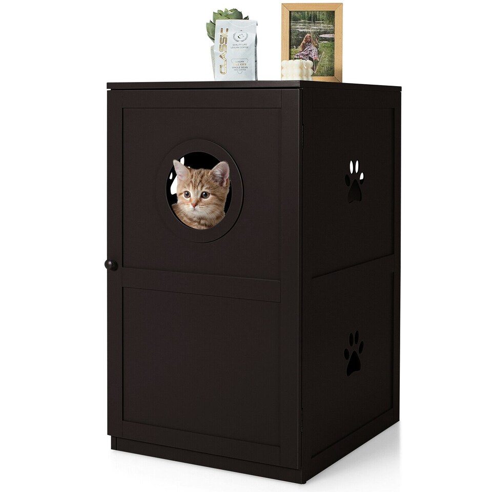 image 1 of COSTWAY 2-Tier Cat House Litter Box Enclosure Storage Cabinet Brown