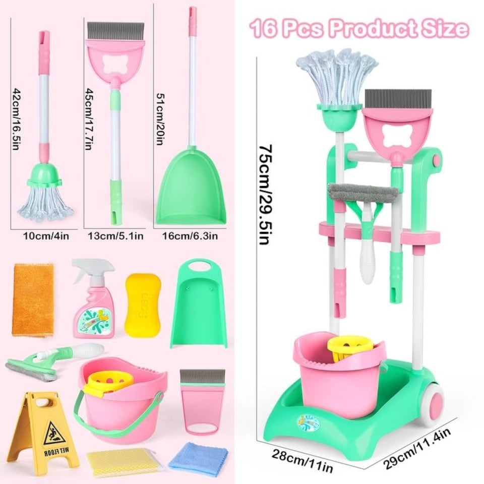 image 1 of Kids Cleaning Trolley Set - Housekeeping Pretend Play Set with Broom, Mop, Brush & Dustpan - Fun Cleaning Toys for Boys & Girls Aged 3-6, Perfect Gift for Toddlers
