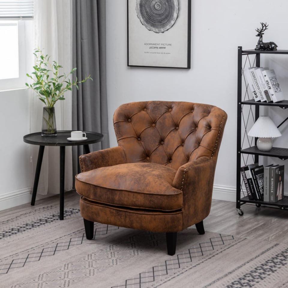 image 1 of Faux Leather Suede Brown Buttoned Ava Accent Chair