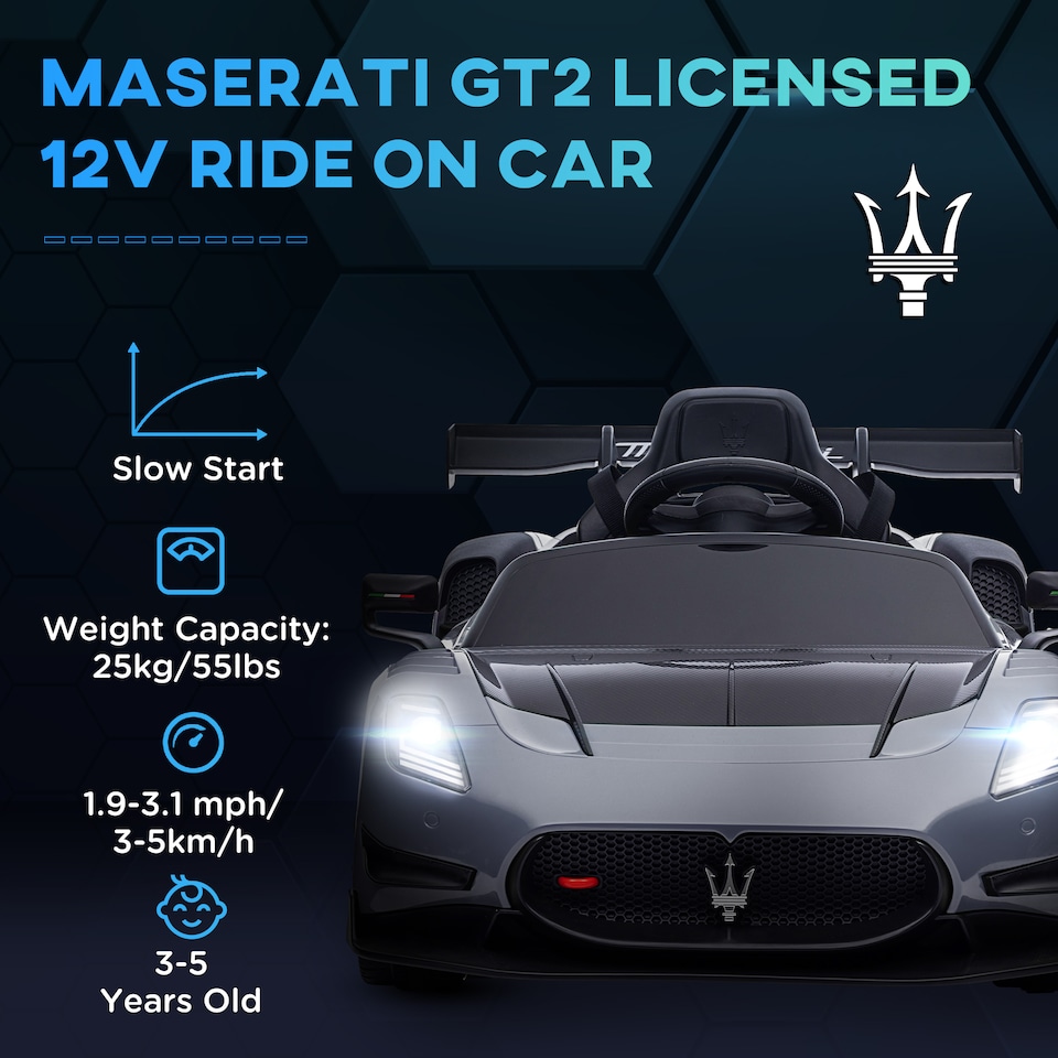 image 1 of AIYAPLAY Maserati GT2 Licensed 12V Electric Car for Kids, Kids' Electric Ride on with Suspension System, Remote Control, USB, Music, Horn, Lights, Auxiliary Wheels, for Ages 3-5 Years, Grey