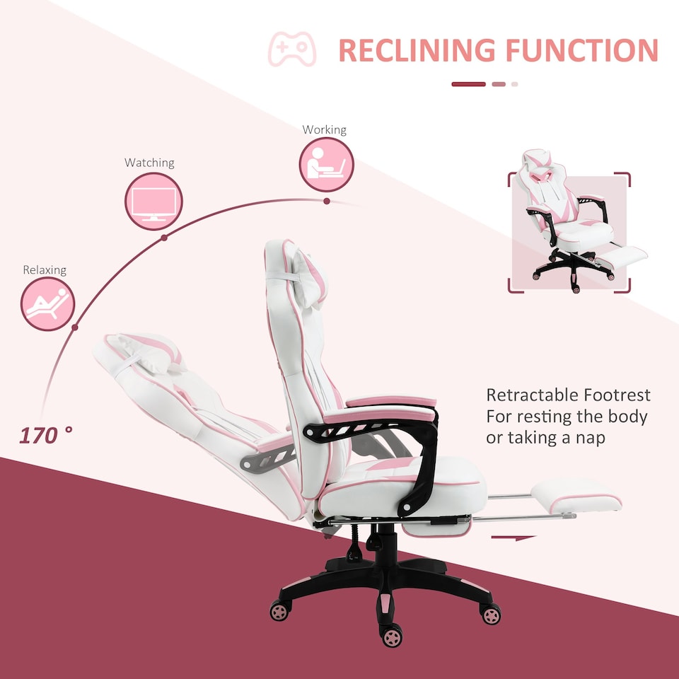 image 1 of Vinsetto Gaming Chair Ergonomic Reclining Manual Footrest Wheels Stylish Pink