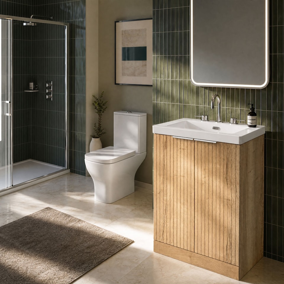 image 1 of Balterley Callingwood Contemporary Floor Standing 2 Door Vanity Unit with 3 Tap Hole Fireclay Basin , 600mm, Autumn Oak