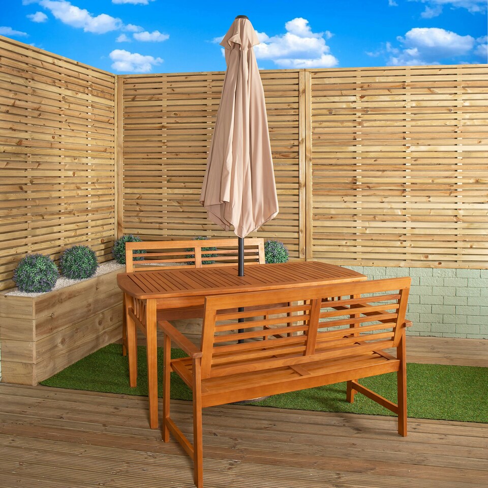 image 1 of Outdoor 4 Person Rectangular Wooden Garden Table, 2 Benches with Beige Havana Parasol & Base