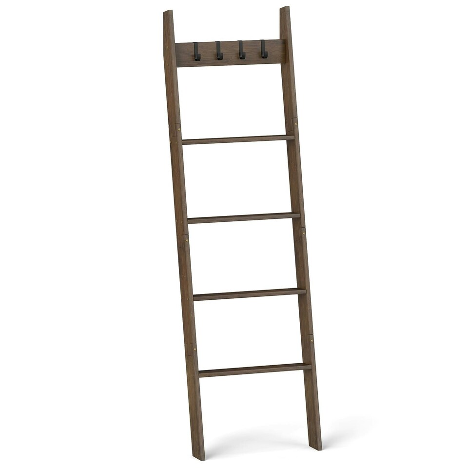 image 1 of COSTWAY Bamboo Blanket Ladder 5-Tier Ladder Shelf w/4 Removable Hooks-Brown Brown | One Size