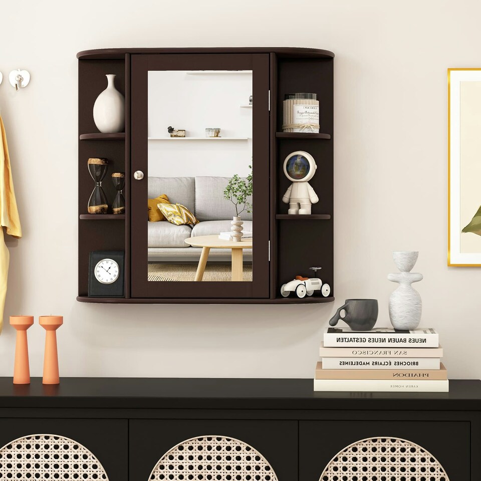 image 1 of COSTWAY Mirrored Bathroom Cabinet Wall Mount Storage Brown Brown