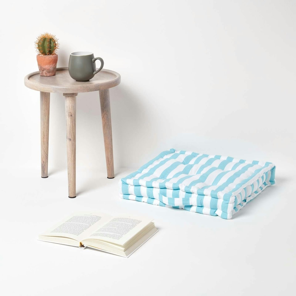 image 1 of Homescapes Cotton Blue Thick Stripe Floor Cushion - 50 x 50 cm | Blue | 50 x 50 cm