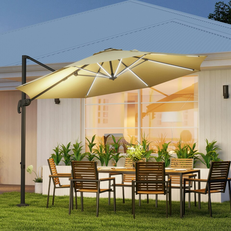 image 1 of Outsunny 3(m) Solar LED Cantilever Parasol Adjustable Garden Umbrella Dark Grey