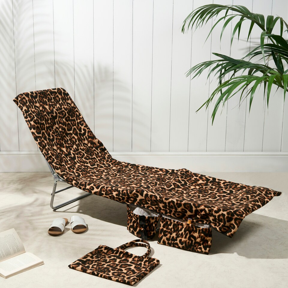 image 1 of OHS Leopard Print Microfibre Quick Dry Spa Bath Beach Chair Cover Towel Bag Brown